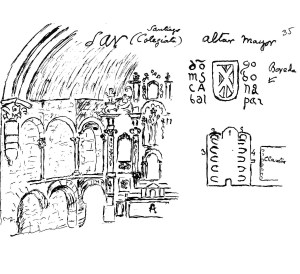 Deseño do frade P. Nolasco Gaite da capela maior co antigo retablo atribuído a Miguel de Romay e un pequeno debuxo da planta da igrexa coa arcada románica do claustro (2). 